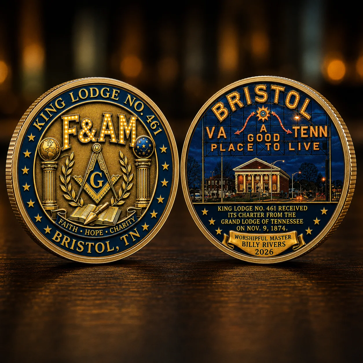 Two-sided King Lodge No. 461 custom coin