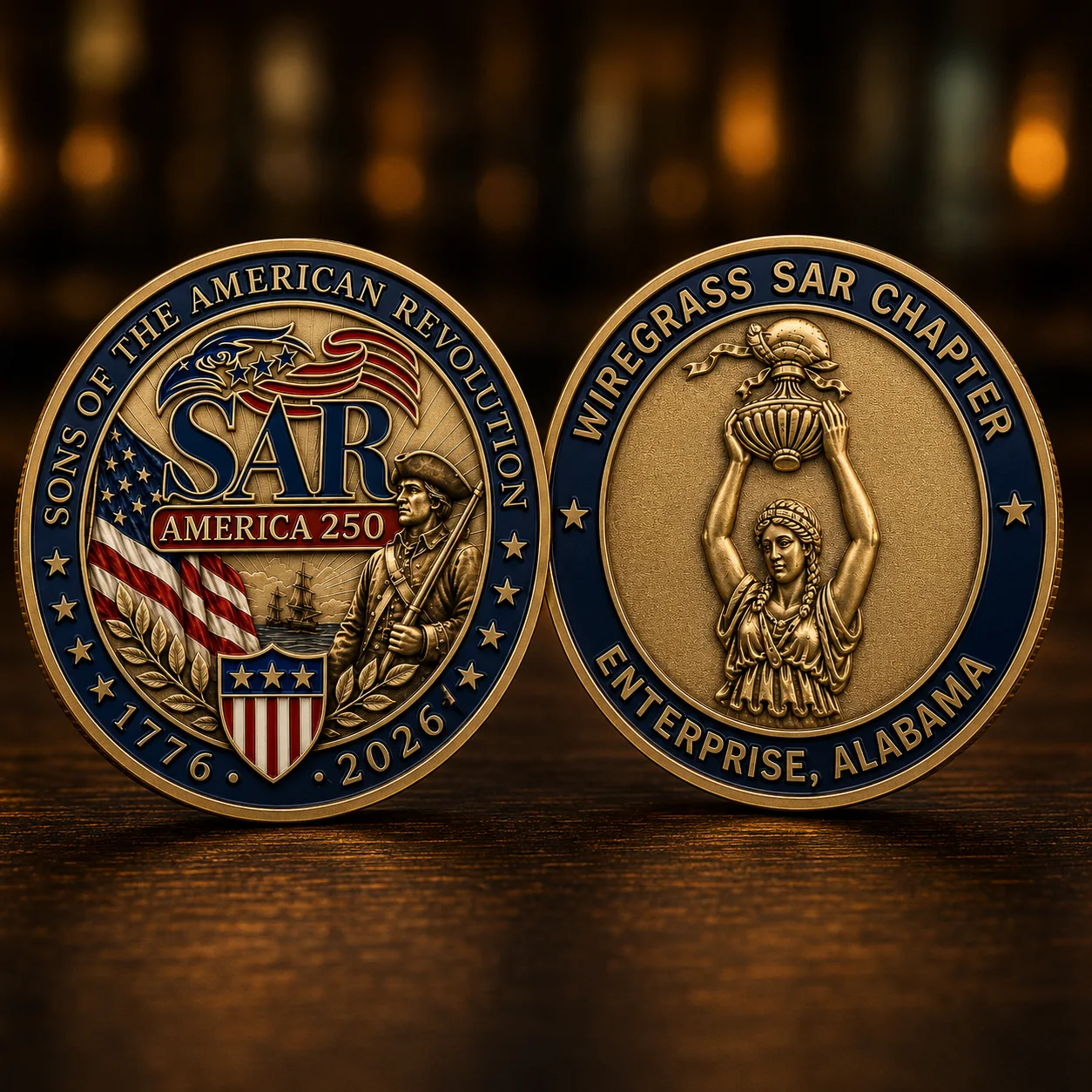 Two-sided Sons of the American Revolution chapter coin