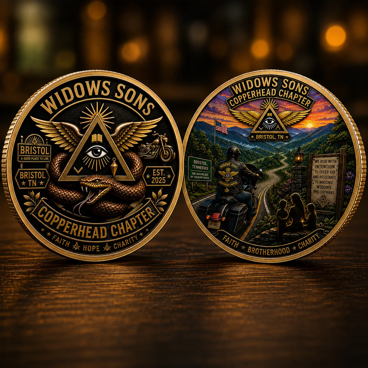 Two-sided Widows Sons Copperhead Chapter custom coin