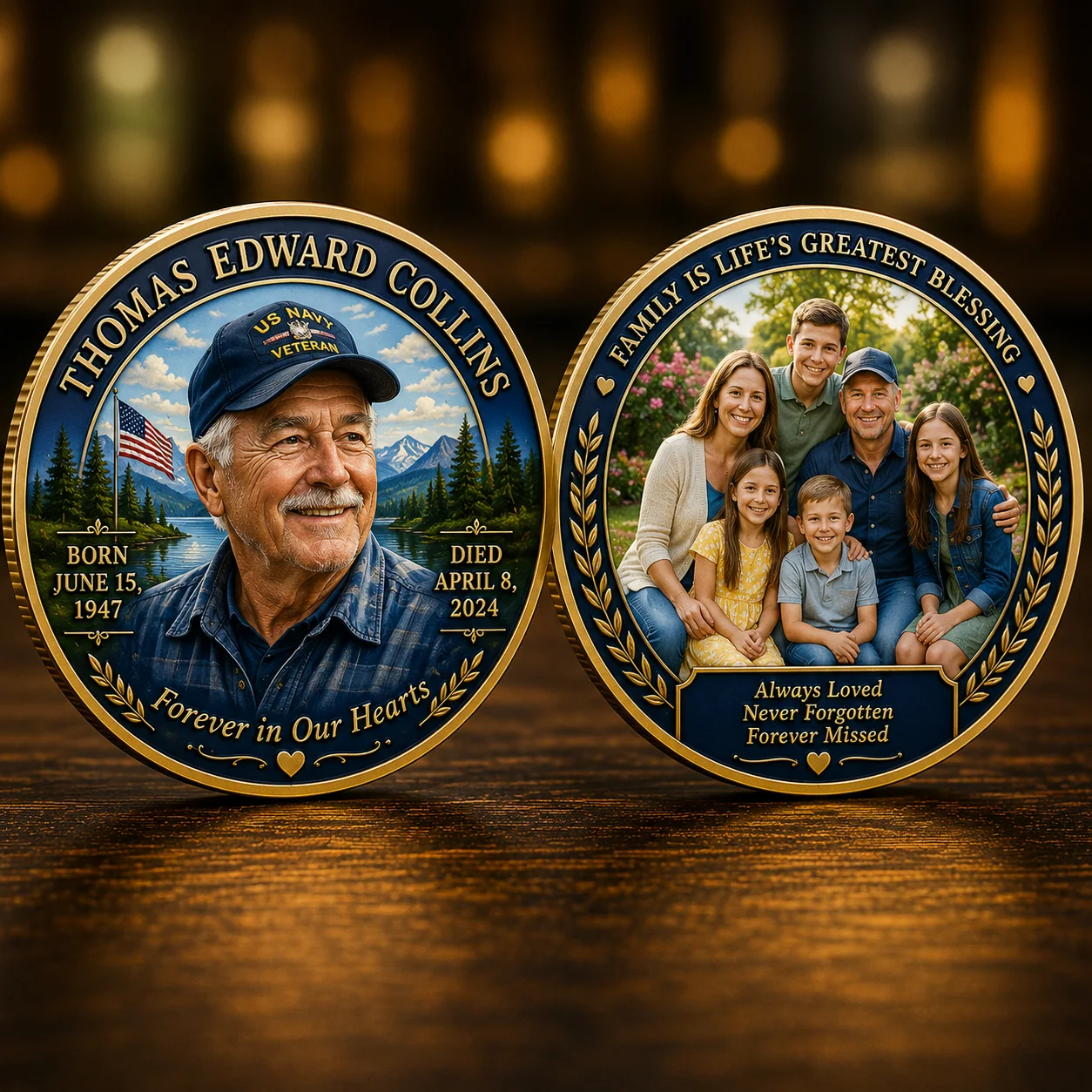 Two-sided personalized remembrance coin honoring Thomas Edward Collins